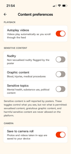 Mirlo content preferences screen with toggles for nudity, graphic content, and sensitive topics